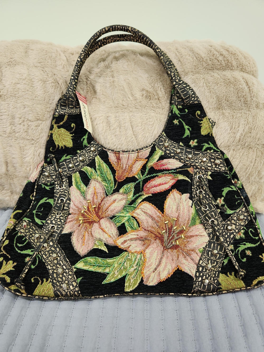 Floral Tapestry Tote Bag - Black with Pink Flowers